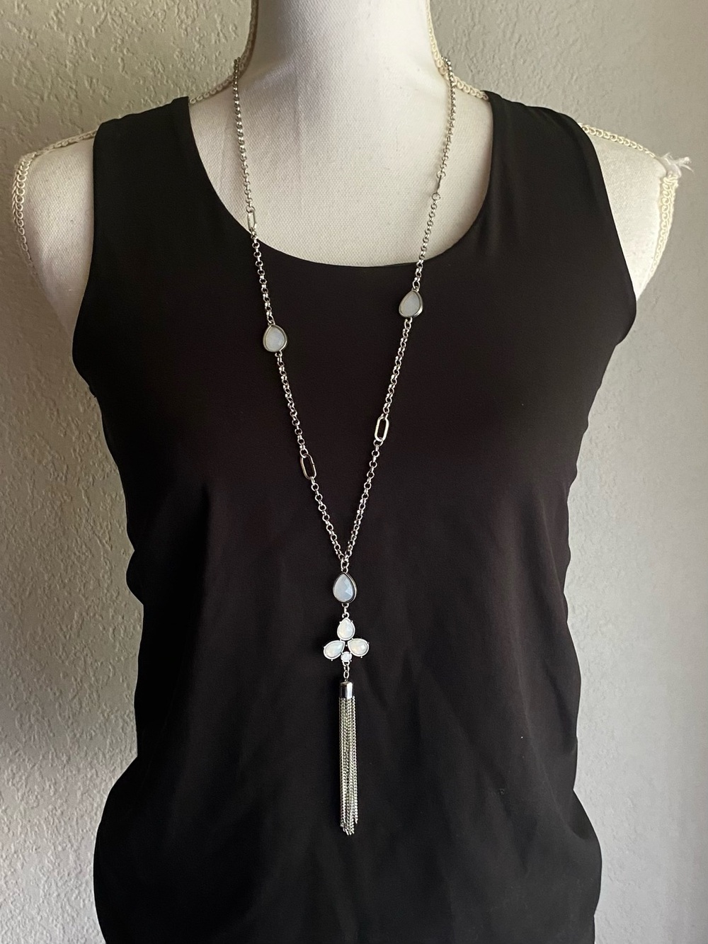 Silver and White Tassel Pendant Necklace
